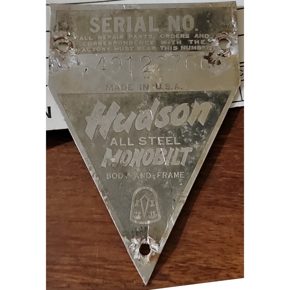 Vintage Hudson Monobilt All Steel Body and Frame Identification Data Plate